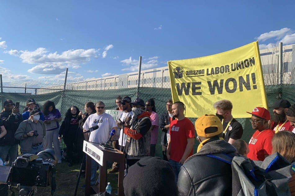 Amazon Labor Union (ALU) workers and activists speak and answer questions outside the LDJ5 facility in Staten Island.