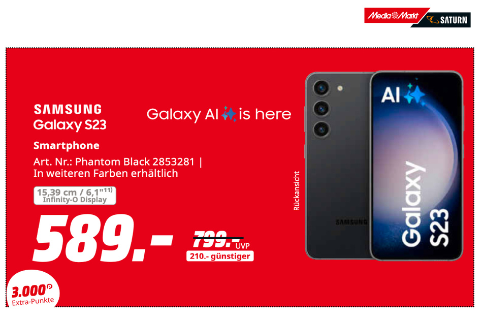 Samsung Galaxy S23 5G für 589 statt 799 Euro.