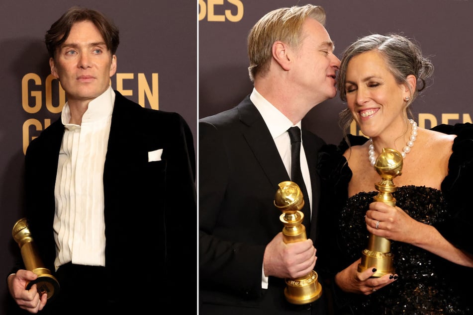 Oppenheimer's Cillian Murphy, winner of the award for Best Performance by a Male Actor, and Christopher Nolan and Emma Thomas, winners of Best Director and Best Motion Picture - Drama, pose at the 81st Annual Golden Globe Awards in Beverly Hills, California.