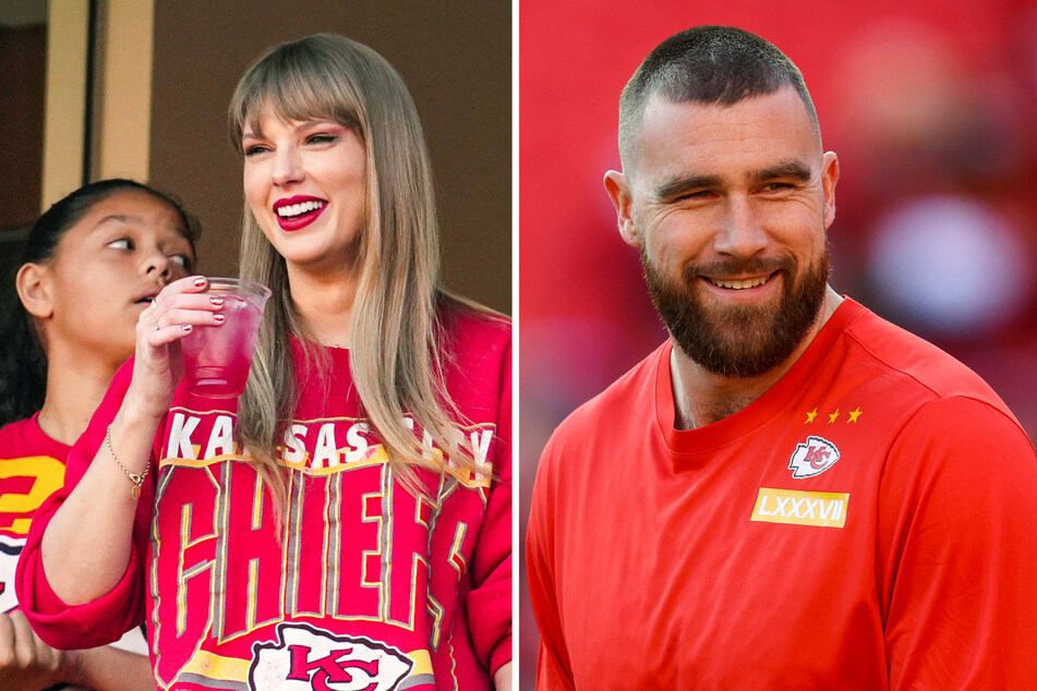 On Sunday, Taylor Swift (l) attended Travis Kelce's game against the Buffalo Bills at Arrowhead Stadium.