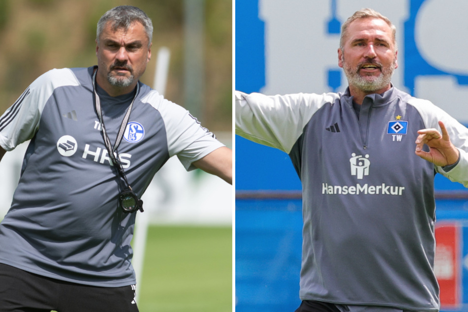 Schalke-Trainer Thomas Reis (49, l.) und HSV-Coach Tim Walter (47) wollen mit ihren Mannschaften aufsteigen - und am Freitag dafür den ersten Schritt gehen.