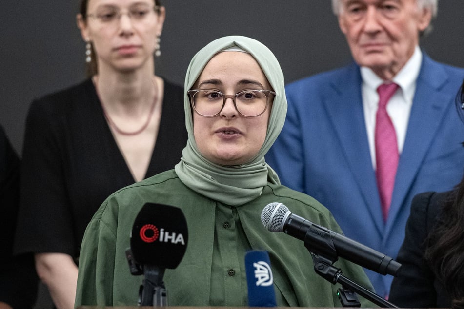 Rümeysa Öztürk speaks at a press conference at Logan International Airport in Boston, Massachusetts, on May 10, 2025.