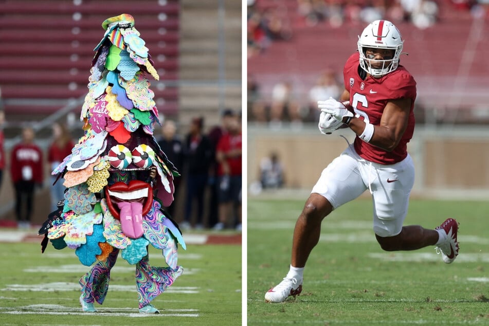 Stanford's iconic Tree Mascot (l.) is suspended after holding a sign reading "Stanford Hates Fun" during the Cardinals' game against Arizona State.