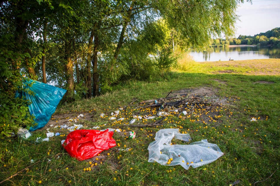 Aufgeplatzte Mülltüten samt Inhalt verschmutzen das Ufer.