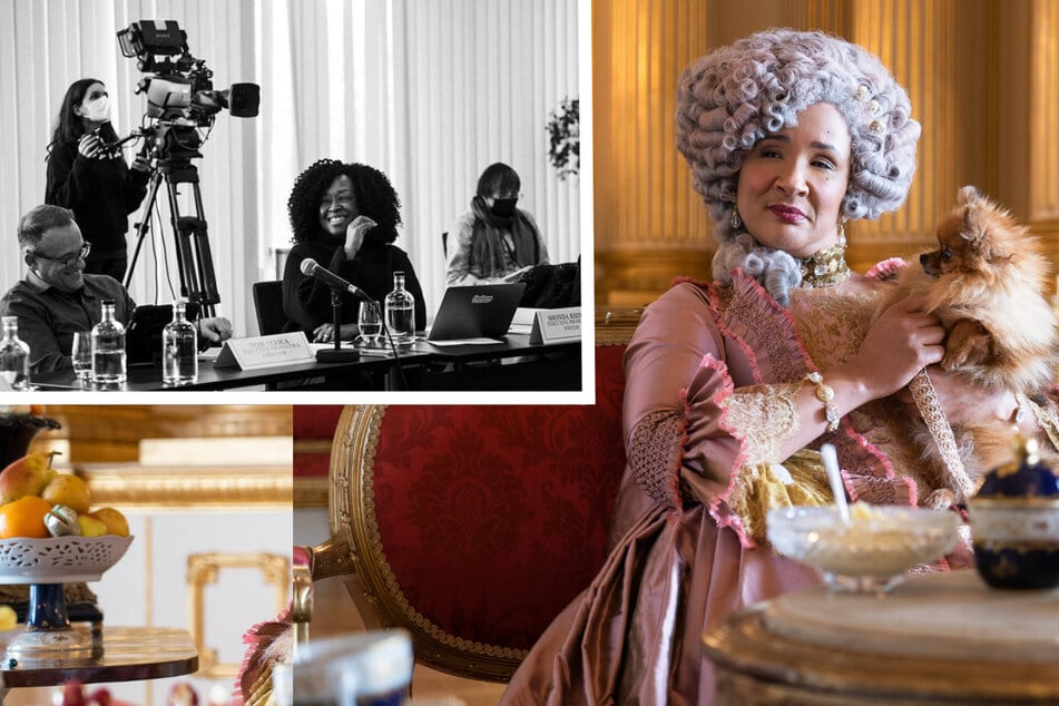 Netflix shared new photos (inset l.) from a table read of the upcoming Bridgerton spinoff series, which will focus on Queen Charlotte's character (r.).