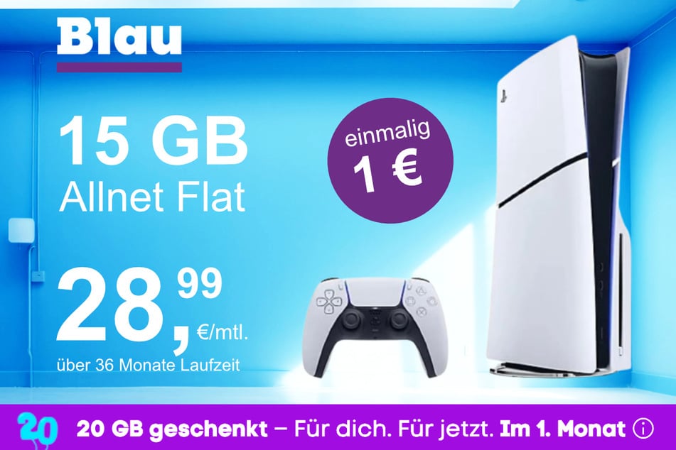 Die PS5 Digital Slim Edition im Blau Allnet M inkl. 15 GB für einmalig nur 1 Euro.