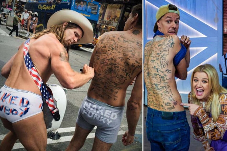 Funky has acquired numerous celebrity signatures that he's had tattooed, including from NYC's infamous Naked Cowboy (l) and singer Kelly Clarkson (r).