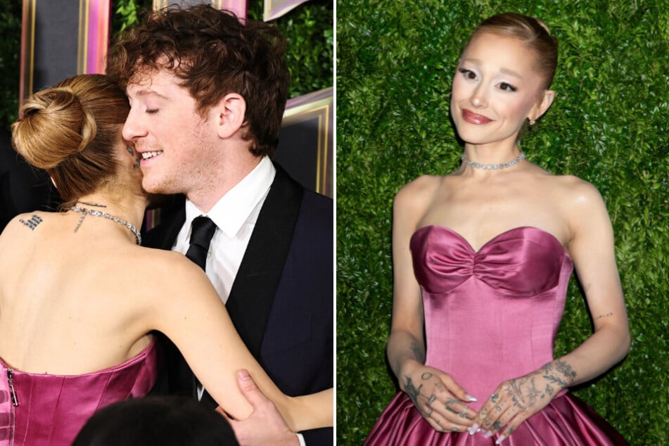 Ariana Grande (r.) and her boyfriend Ethan Slater (l.) shared a sweet moment on the red carpet at the NYC Wicked premiere!