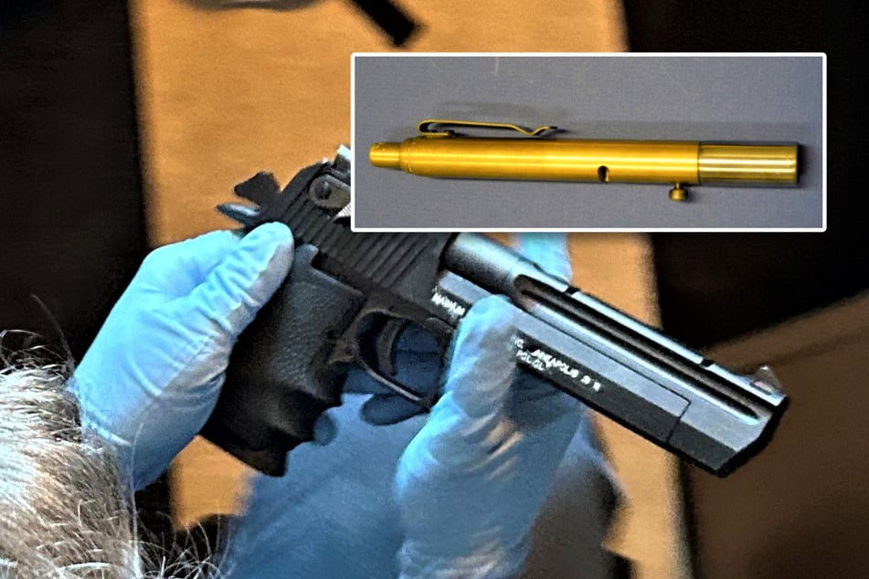 Neben mehreren Pistolen und Gewehren wurden unter anderem auch Schießkugelschreiber (kleines Bild) sichergestellt.