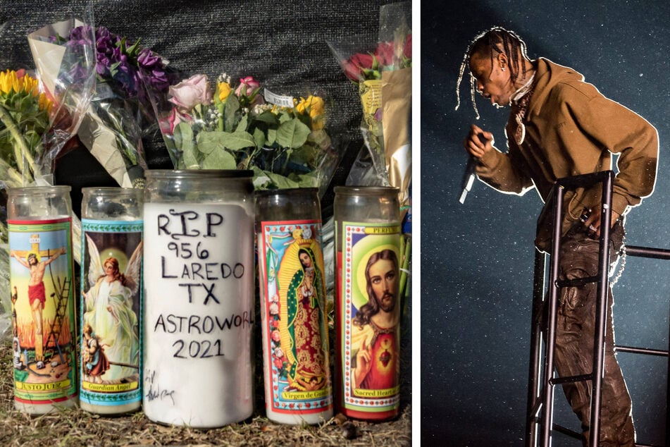 Travis Scott (r) organized and headlined the annual music festival Astroworld, at which nine people lost their lives and hundreds were injured last week in a deadly crowd surge. Vigils were held for the victims outside NRG Park arena in Houston (l).