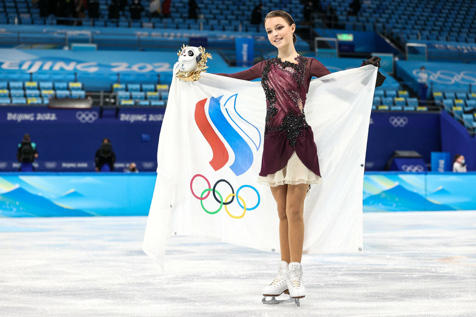 Anna Shcherbakova of the ROC celebrated her gold medal win on Thursday after the women's figure skating final at Capital Indoor Stadium.