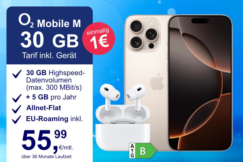Das iPhone 16 Pro Max + AirPods Pro im o2 Mobile M für einmalig 1 Euro.