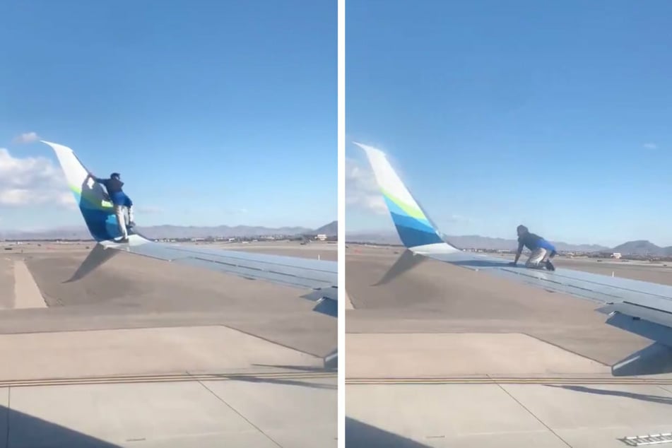 Shortly before take-off, a man climbed onto the wing of the plane (collage).