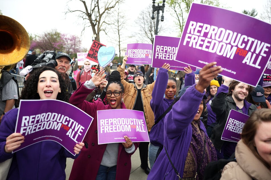 Abortion rights protesters demonstrate for reproductive freedom outside the US Supreme Court on April 2, 2025.
