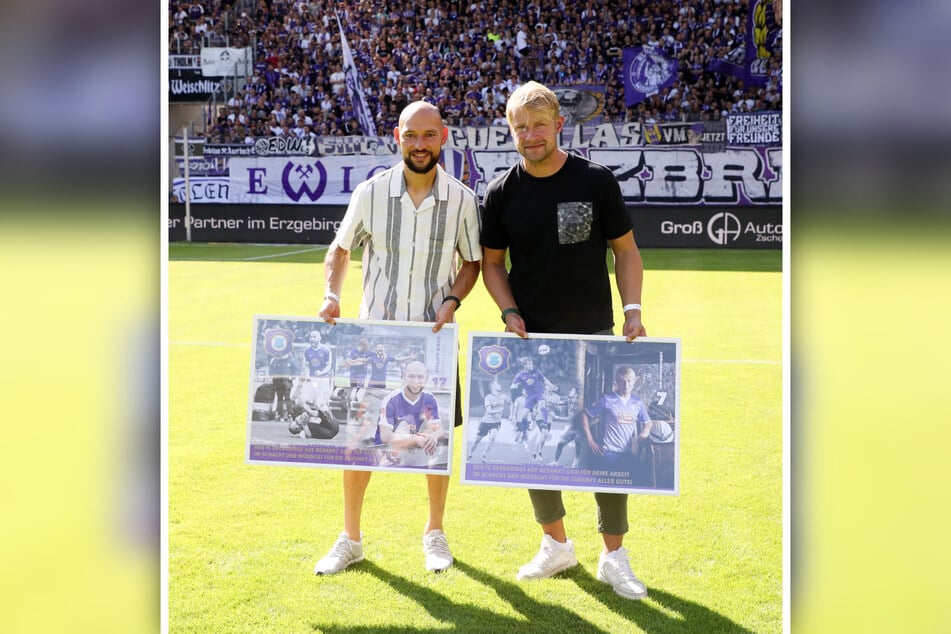 Philipp Riese (35, l.) und Jan Hochscheidt wurden im September 2023 offiziell als Spieler der Veilchen verabschiedet.