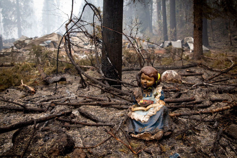 Eine Statue eines lesenden Mädchens liegt in einem verbrannten Waldstück in Blue River in der Nähe der Stelle, an der eine Bibliothek stand, bevor sie durch das Feuer zerstört worden ist.
