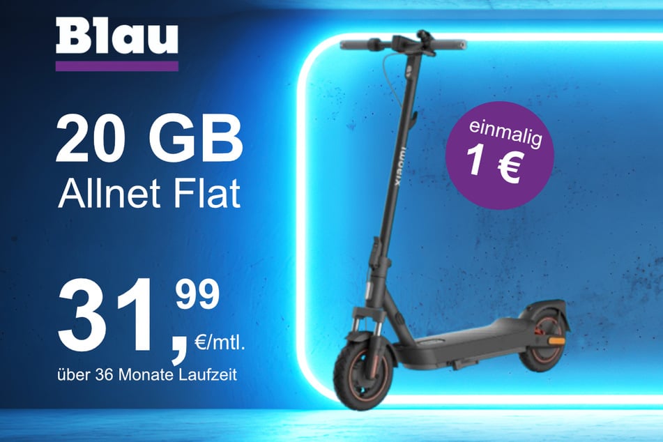 Der Xiaomi E-Scooter 5 Max im Blau Allnet M inkl. 20 GB für einmalig 1 Euro.