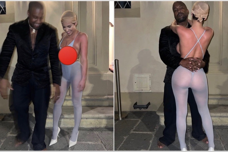 Kanye West (l) and his wife Bianca Censori turned heads on the streets of Florence in PDA-filled pics, and see-through outfits.