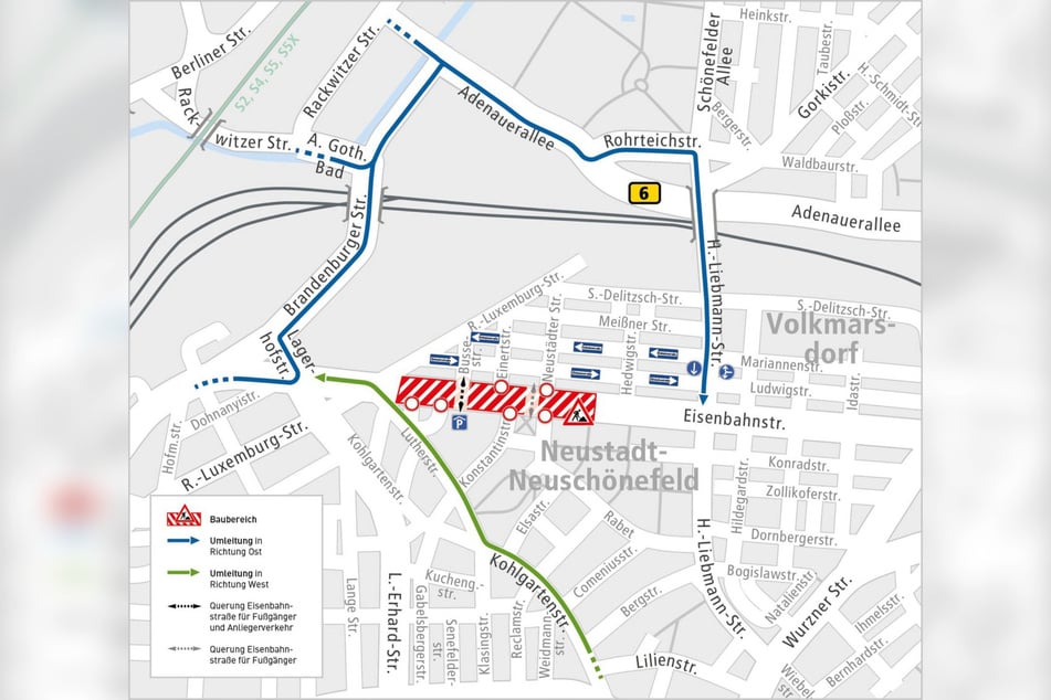 In dieser Grafik erklären die Leipziger Verkehrsbetriebe, wo die Umleitungen geplant sind.