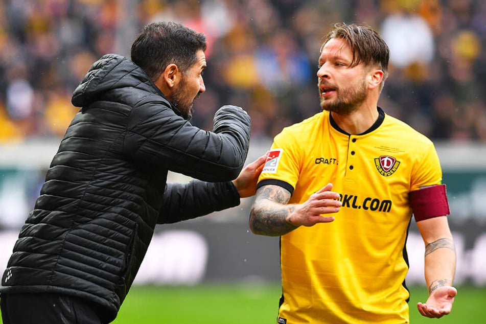 Dynamo-Coach Cristian Fiel (l.) muss im Sachsenderby gegen Aue auf seinen Regisseur Patrick Ebert verzichten.
