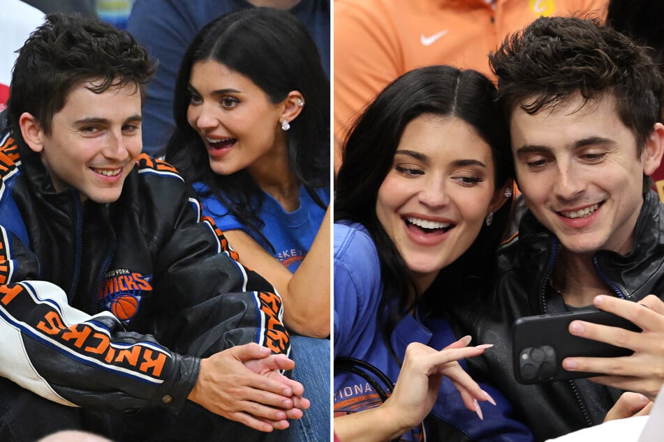 Kylie Jenner (c.) and Timothée Chalamet were all smiles as the New York Knicks secured their spot in the NBA Finals on Monday.