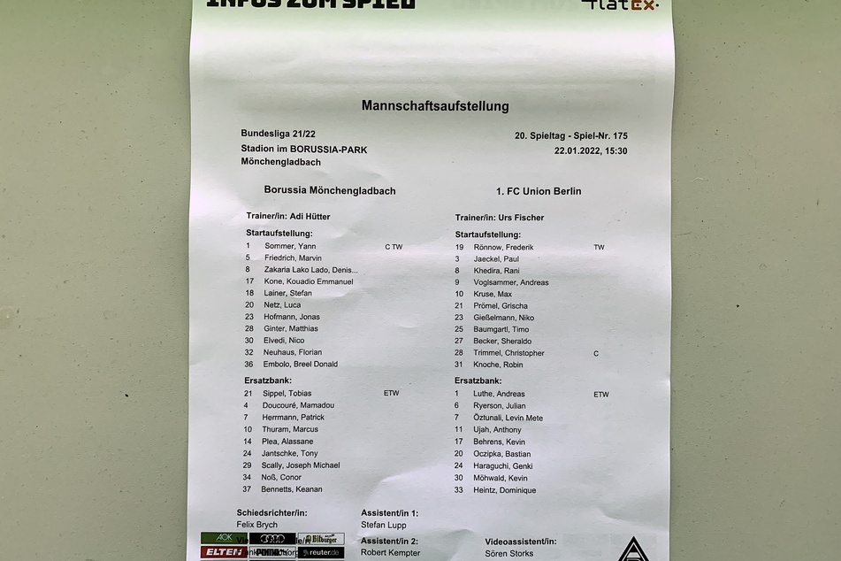 Für diese Aufstellungen hatten sich die Trainer der beiden Mannschaften von Borussia Mönchengladbach und dem 1. FC Union Berlin entschieden.