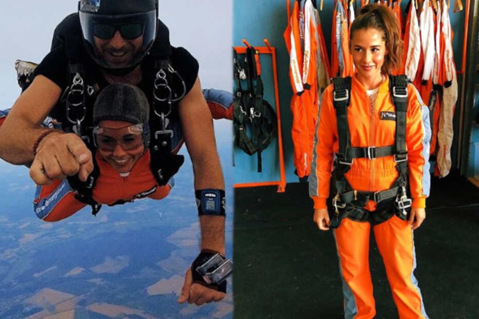 Augen zu und durch! Hier springen Sarah Lombardi und Roberto aus einem Flugzeug