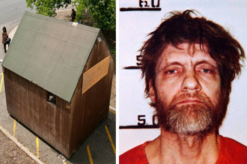 Ted Kaczynski in his mugshot from April 1996, and the 10 x 13' wooden cabin he lived in in Montana (l.).
