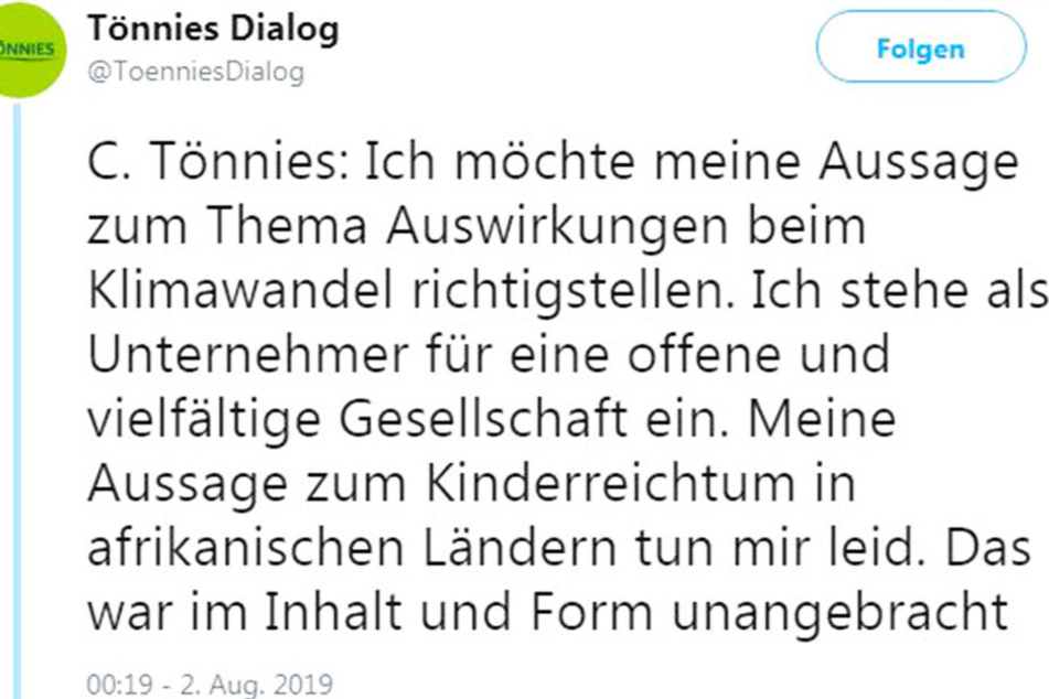 Clemens Tönnies entschuldigte sich via Twitter für seine getätigten Aussagen.