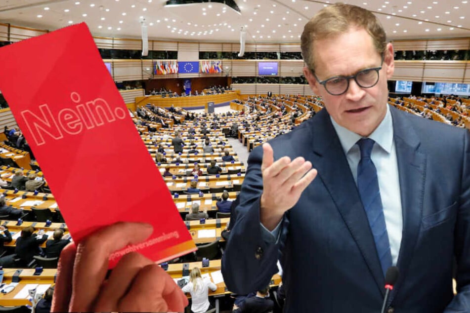 Berlins SPD-Chef Michael Müller (53) will Rechtspopulisten im Europaparlament die Rote Karte zeigen. (Bildmontage)