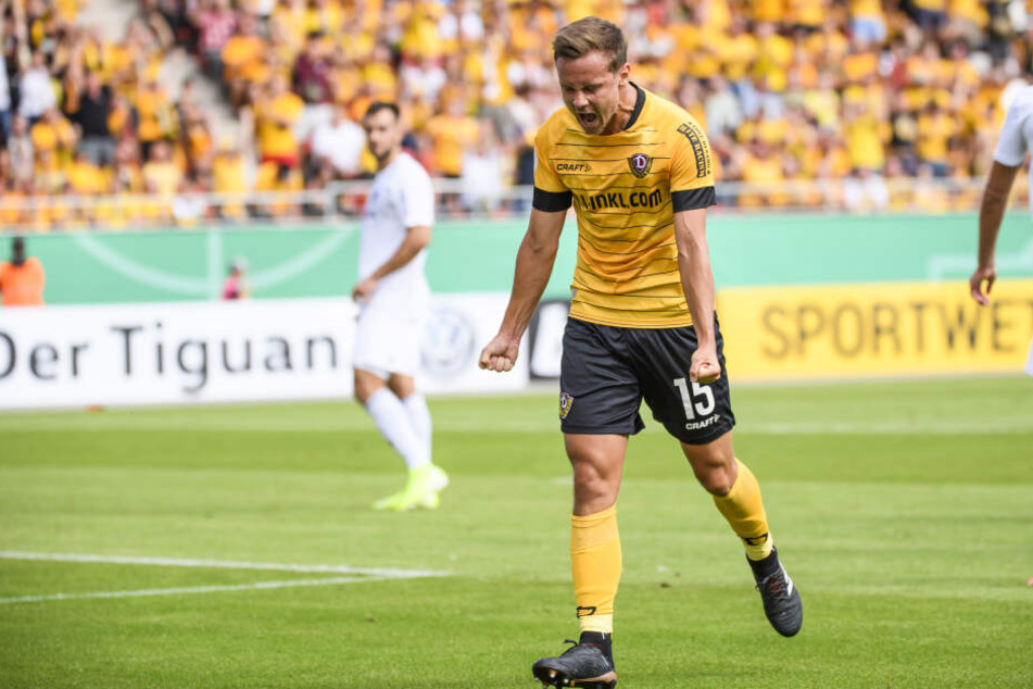 Schreit seine ganze Freude über den Treffer heraus: Dynamos Chris Löwe.