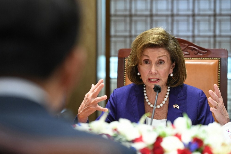 US House Speaker Nancy Pelosi talks with South Korean National Assembly Speaker Kim Jin-pyo during their meeting at the National Assembly in Seoul on August 4, 2022.