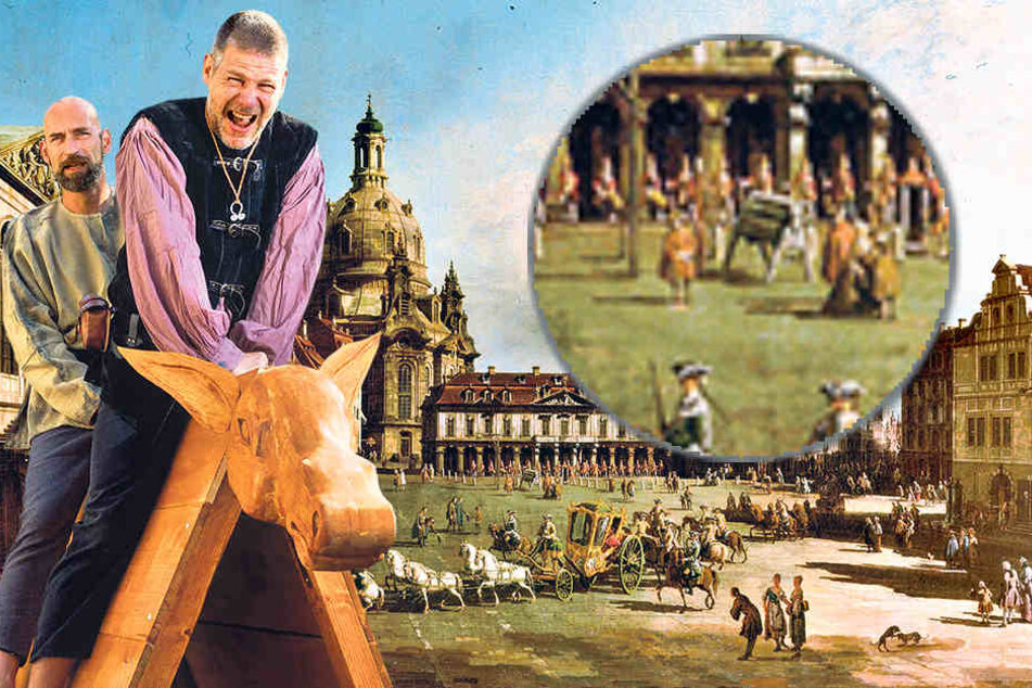 Unter Schmerzen setzten sich Mario Sempf (48, vorn) und Thomas Zahn (49) auf den selbst gezimmerten Schandesel. Auf dem Canaletto-Gemälde „Der Neumarkt zu Dresden vom Jüdenhof aus“ ist der Schandesel vor der Hauptwache zu sehen.