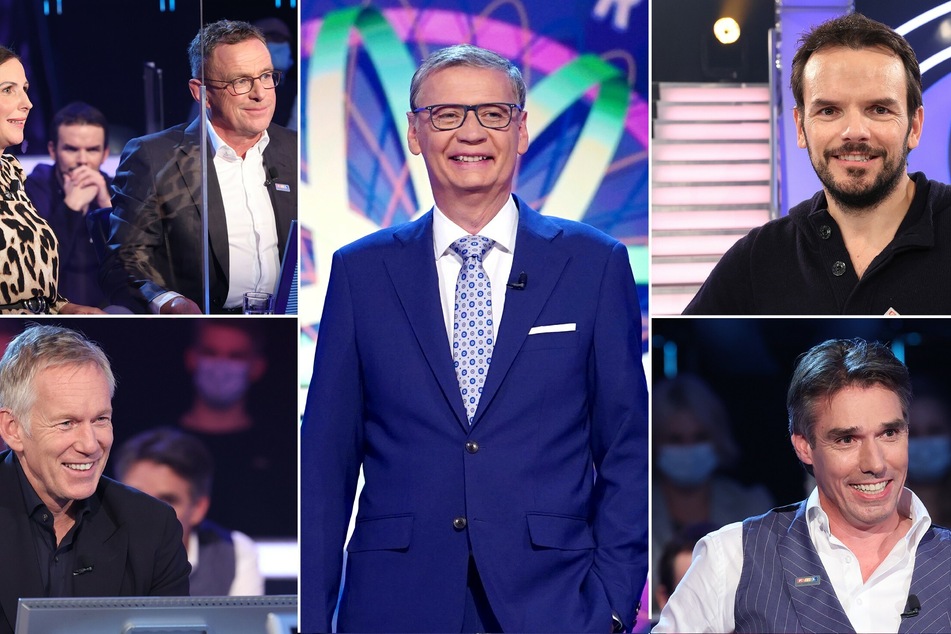 Die Akteure beim WWM-Promi-Special (v.li.n.re.): Sabrina Mockenhaupt und Ralf Rangnick, Günther Jauch, Steffen Henssler, Johannes B. Kerner und Michael Stich.
