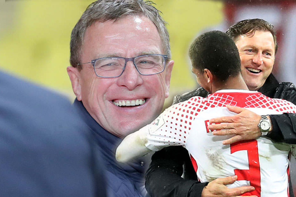 Die Vertragsverlängerung von RB-Sportdirektor Ralf Rangnick (l.) könnte am Sonntag verkündet werden. Trainer Ralph Hasenhüttl (hinten rechts) hofft darauf.