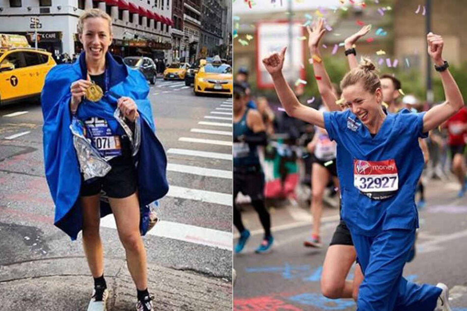 Jessica läuft gerne mit. Links in New York und rechts beim Londoner Marathon.