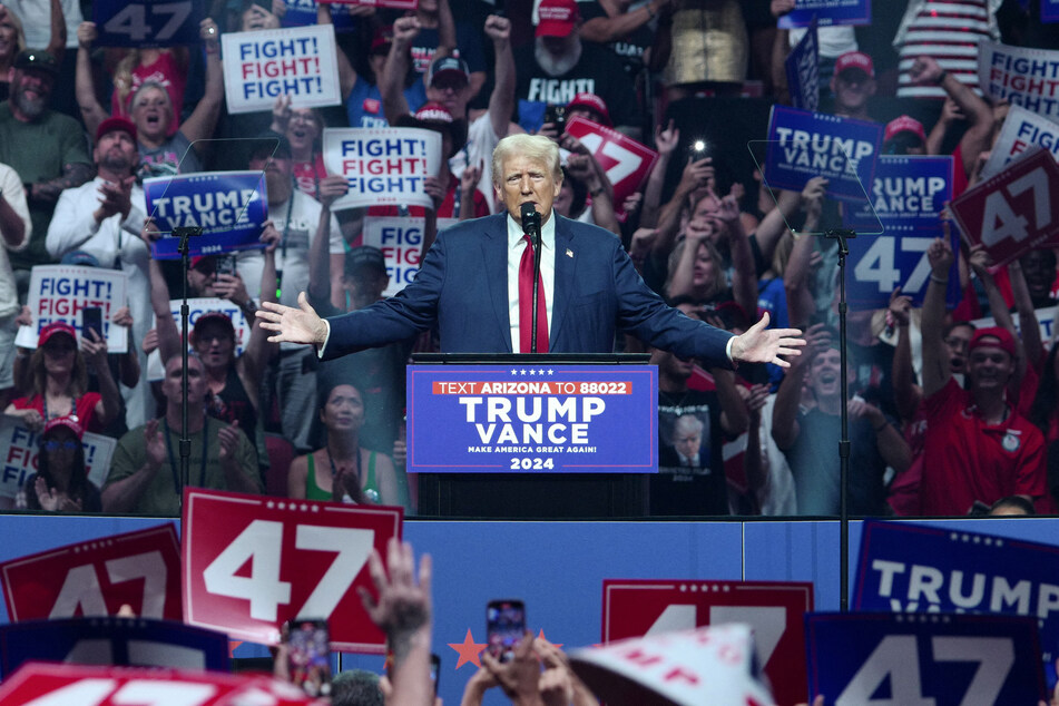 Former US President and Republican presidential candidate Donald Trump speaks during a campaign rally at the Desert Diamond Arena in Glendale, Arizona, August 23, 2024.