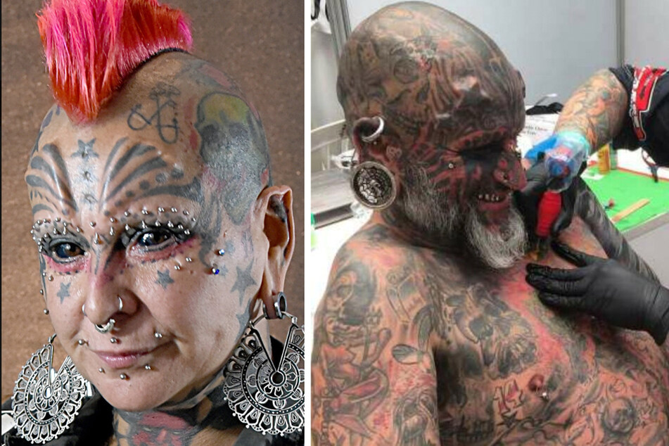 Victor Hugo Peralta (r) and his wife Gabriela have spent thousands on tattoos and body modifications.