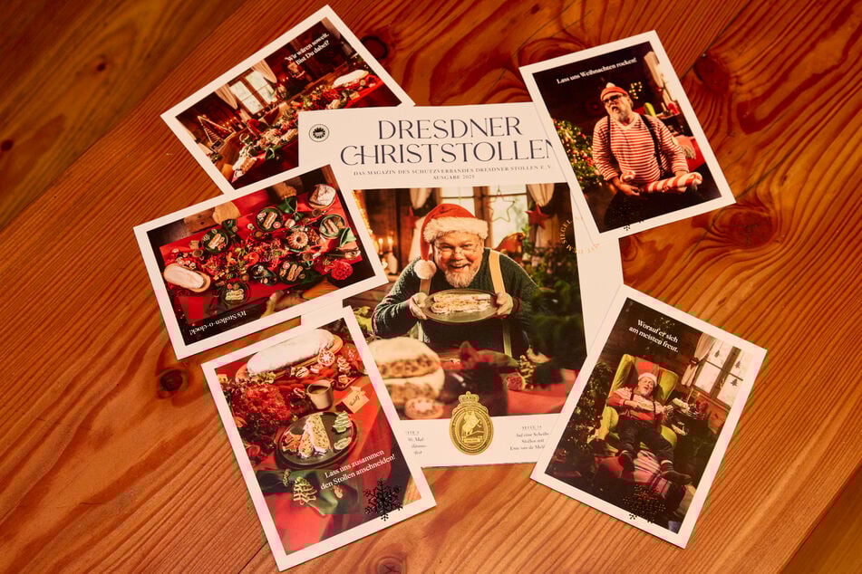Das neue Stollen-Magazin und Postkarten werben für Dresdner Christstollen.
