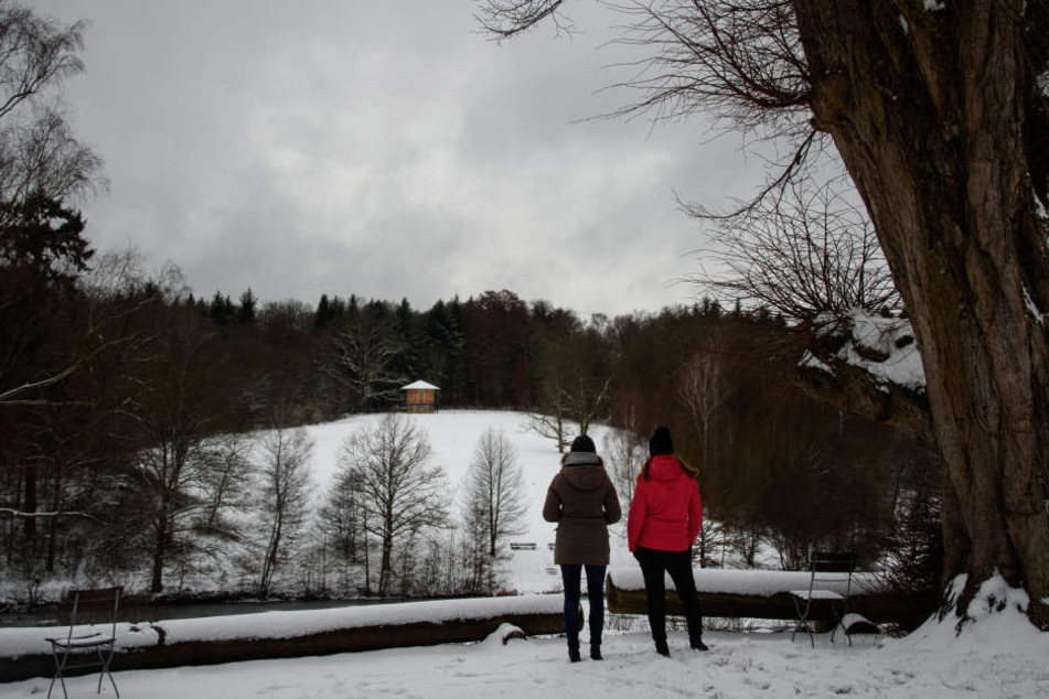 Zwei Spaziergängerinen schauen am 10.12.2017 in die verschneite Landschaft in Stuttgart.