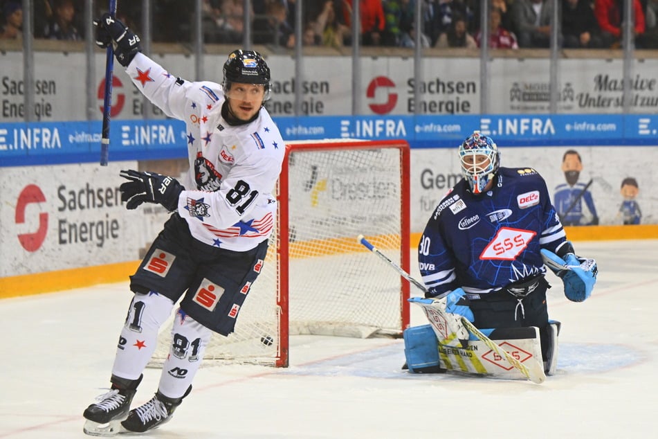 Ryan Olsen (30, l.) knipste Ende Dezember gegen Danny aus den Birken (40) zum 0:1 aus Dresdner Sicht ein.