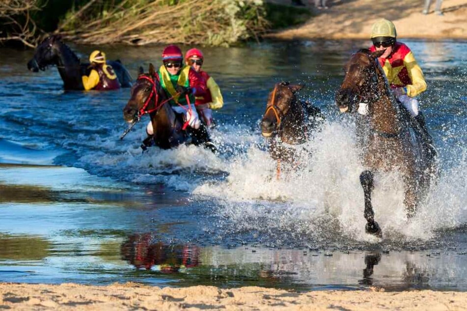 Die Jockeys mussten sich mit ihren Pferden durch einen See kämpfen.