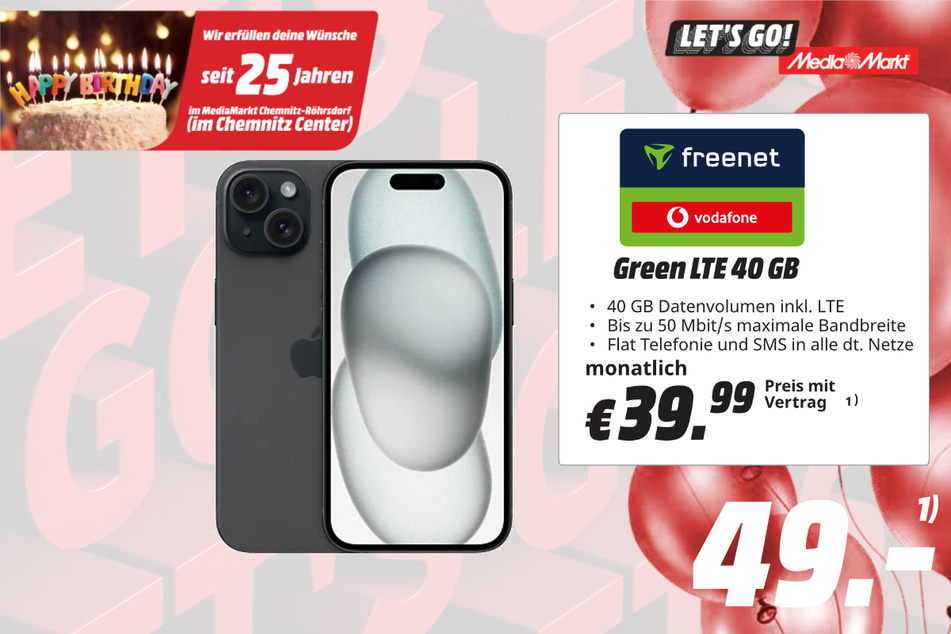 Apple iPhone 15 für 49 Euro / 39,99 Euro im Monat.