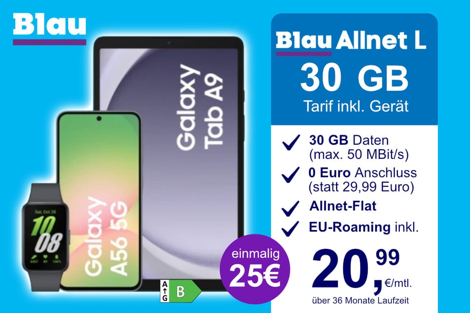 Das Samsung Galaxy A56 + Tab A9 und Fit 3 im Blau Allnet L für einmalig 25 Euro.