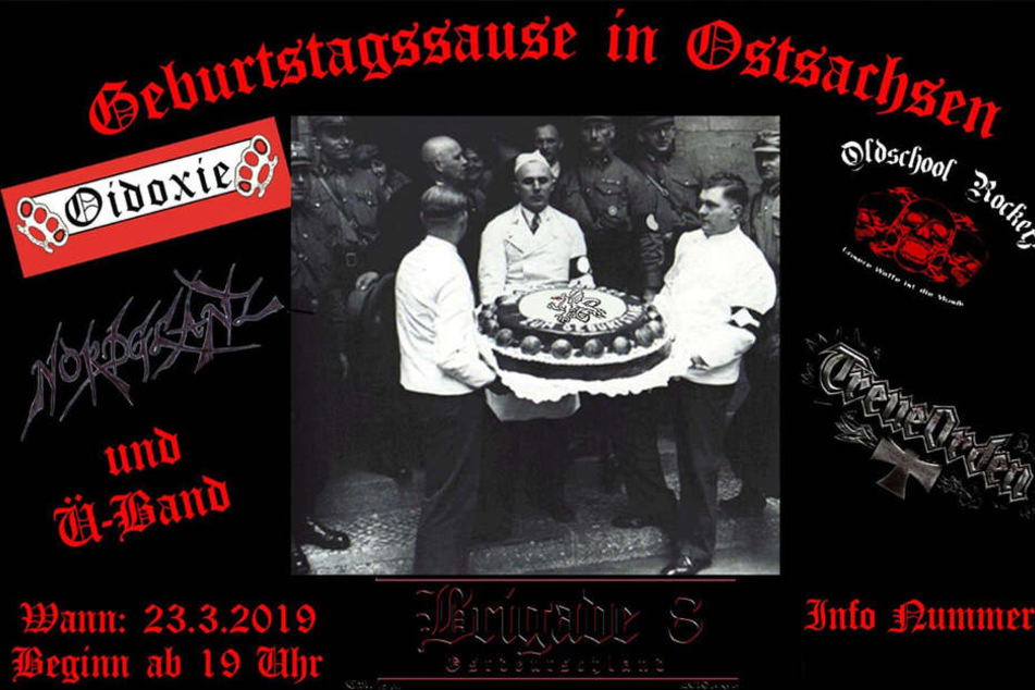 Mit diesem Flyer wurde zu dem Treffen geladen, der Drache auf der Torte ist seit 2012 Logo der militanten Nazi-Gruppe.