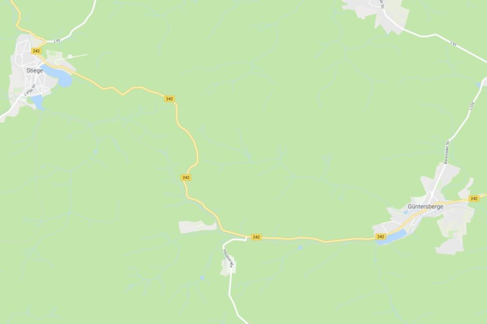 Der Unfallort liegt auf der B242 zwischen Stiege und Güntersberge.