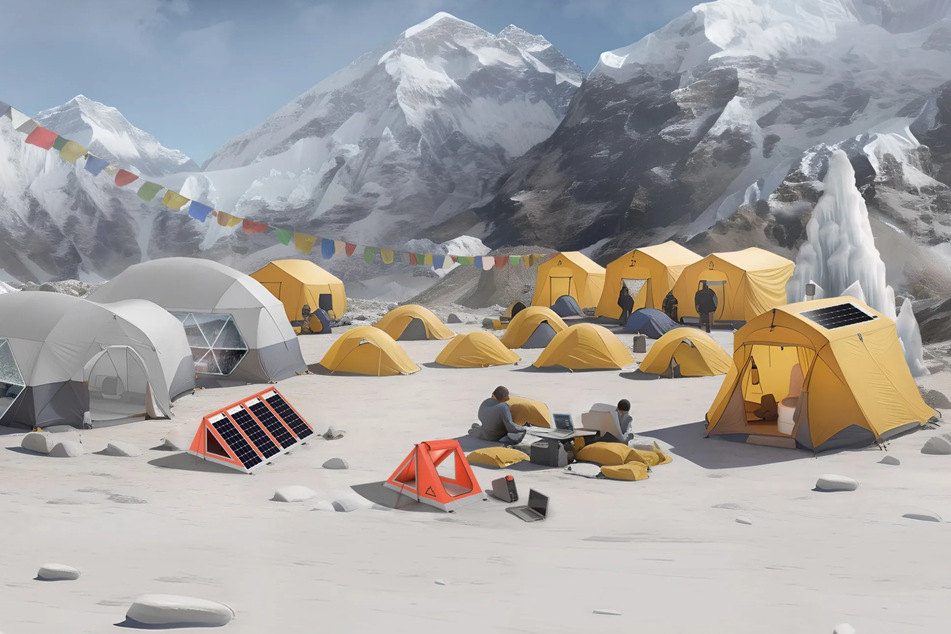 So stellt sich das "The NeverRest Project" ein modernes Lager vor. Auf den Zelten gibt es flexible Solar-Panels und es werden mobile Toiletten genutzt.