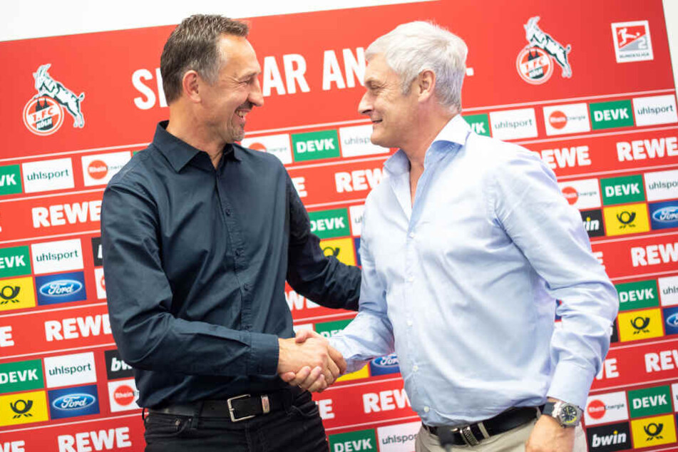 Achim Beierlorzer (51) und Armin Veh (58) zeigten sich am Donnerstagmittag gut gelaunt im Geißbockheim.