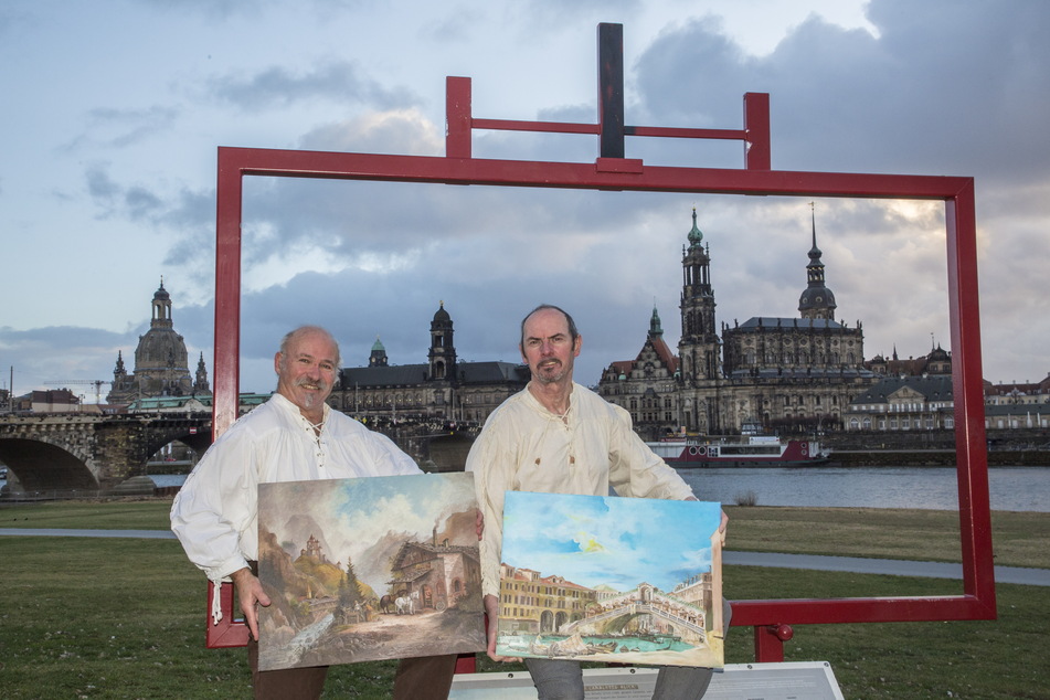 Die beiden Freigeister präsentieren ihre Werke am Elbufer. Vor gut 274 Jahren entstand hier der weltbekannte "Canaletto-Blick" Dresdens.