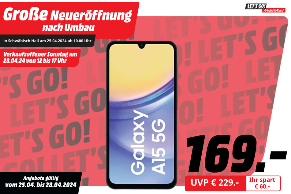 Samsung Galaxy A15 5G für 169 statt 229 Euro.
